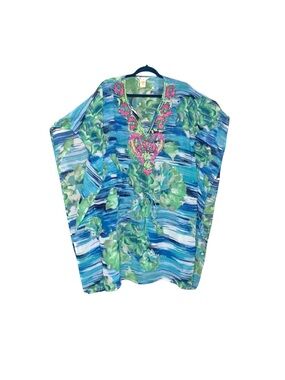 Lucky & Coco Blue Green Floral Swim Coverup with Pink Embroider Beads V-Neck XL